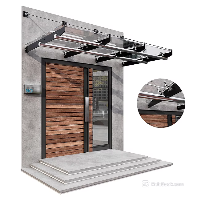 Modern Wooden Entrance Door With Glass Panel And Glass Canopy Over Concrete Wall Front Steps 3d model 