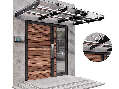 Modern Wooden Entrance Door With Glass Panel And Glass Canopy Over Concrete Wall Front Steps 3d model