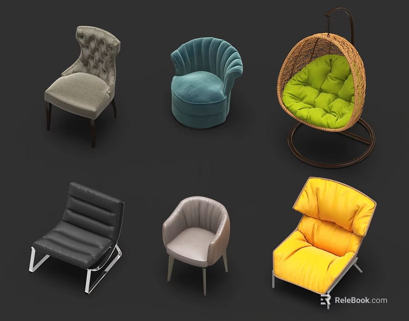 Diverse Single Sofa Accent Chairs Featuring Tufted Arched Wicker Leather and Plush Designs 3d model 