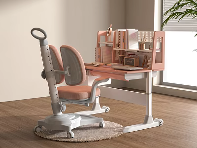 Elegant Pink Luxury Children's Desk With Adjustable Chair And Bookshelf 3d model