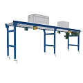 Industrial Roller Conveyor System With Blue Frame And White Plastic Bins