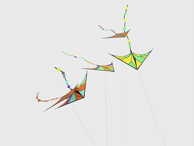 Colorful Kites With Bright Tails And Geometric Patterns Flying High In Open Air 3d model