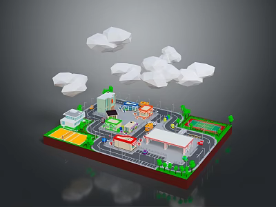 Colorful Miniature Town Community Scene With Road Buildings Trees Parking Lot And Clouds 3d model