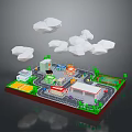 Colorful Miniature Town Community Scene With Road Buildings Trees Parking Lot And Clouds