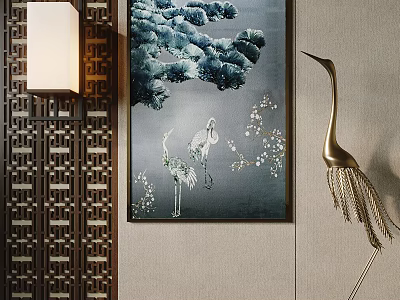 Chinese Style Interior Decoration With Wooden Lattice Pine Crane Painting And Metal Sculpture 3d model