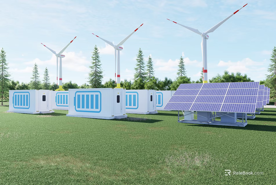 Renewable Energy Charging Station With Wind Turbines Solar Panels In Green Field 3d model 