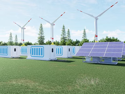 Renewable Energy Charging Station With Wind Turbines Solar Panels In Green Field 3d model