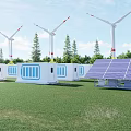 Renewable Energy Charging Station With Wind Turbines Solar Panels In Green Field
