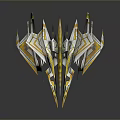 Futuristic Cosmic Spacecraft Design With Yellow White Green Geometric Shapes Sharp Edges And Streamlined Structure