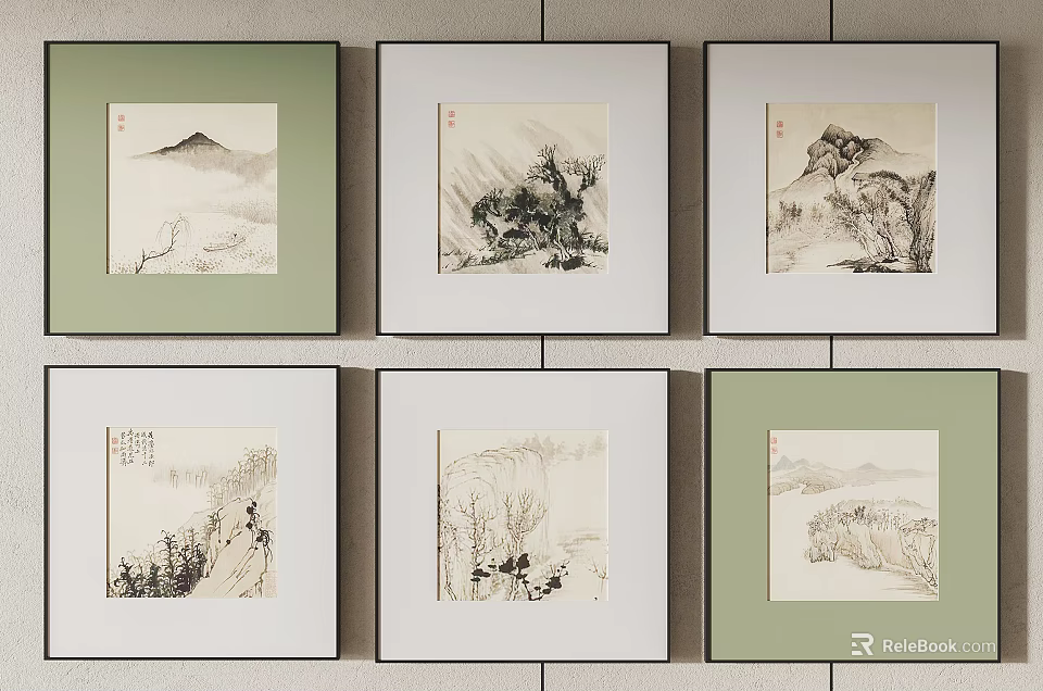 Traditional Chinese Landscape Paintings Framed In Colored Frames On Wall Decor 3d model