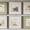 Traditional Chinese Landscape Paintings Framed In Colored Frames On Wall Decor 3d model