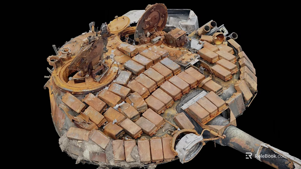 Rusted Tank Weapon Components With Metal Armor Bricks And Mechanical Parts 3d model 