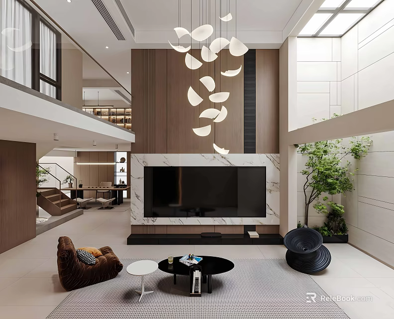 Modern Duplex Living Room Interior With High Ceiling Chandelier And TV Wall 3d model 