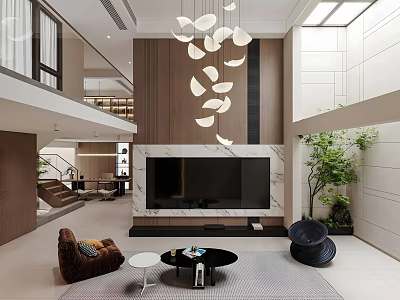 Modern Duplex Living Room Interior With High Ceiling Chandelier And TV Wall 3d model