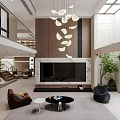 Modern Duplex Living Room Interior With High Ceiling Chandelier And TV Wall