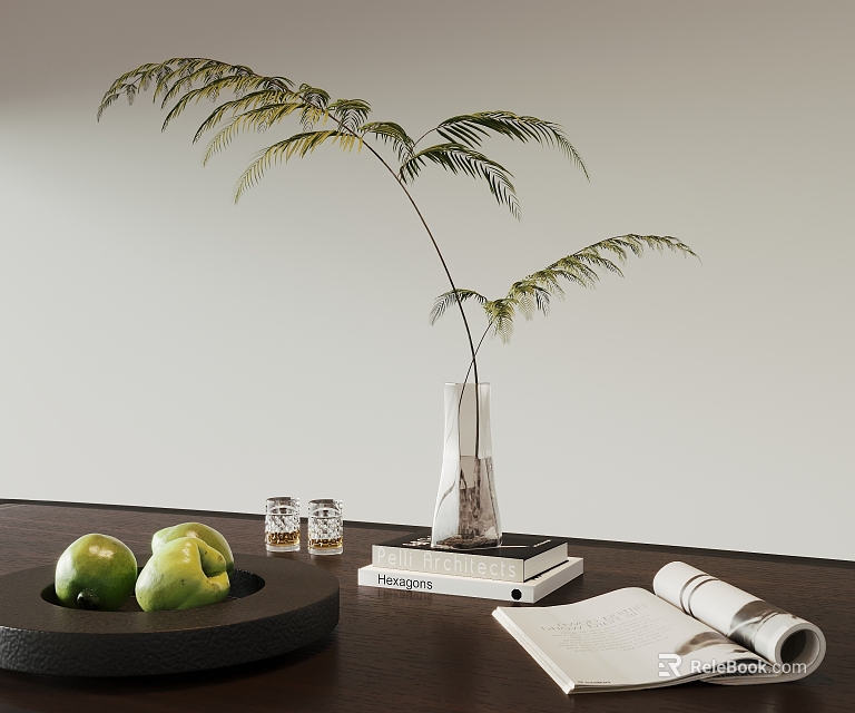 Decorative Ornament Set With Green Apples Black Tray Jars Glass Vase Fern Books Open Magazine 3d model 