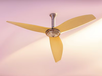 Stylish Ceiling Fan With Three Yellow Blades And Metal Base In Pink Background 3d model