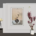 Elegant Modern Interior With Decorative Painting Red Plant And Black Floor Lamp