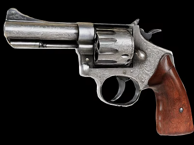 Vintage Engraved Metal Revolver Decorative Ornament Set With Wooden Grip 3d model