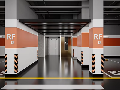 Modern Parking Garage Interior With Orange White Columns RF Zone Signs And Yellow Floor Lines 3d model