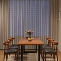 Modern Restaurant Interior With Wooden Dining Table Leather Chairs Wine Cabinet And Floral Decor