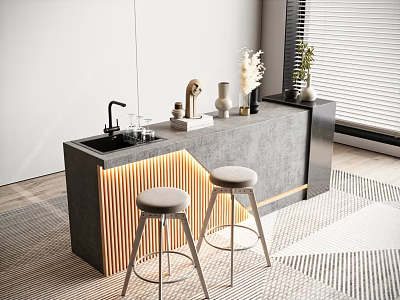 Modern Bar Counter with Gray Concrete Surface Gold Bar Stools Faucet Sink Vases and Plants 3d model