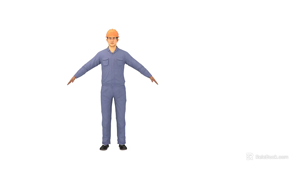 A Man in Blue Work Uniform With Orange Safety Helmet Standing With Arms Outstretched 3d model