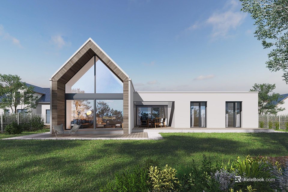 Modern Detached Villa With Gabled Roof Large Glass Windows And Green Lawn 3d model 