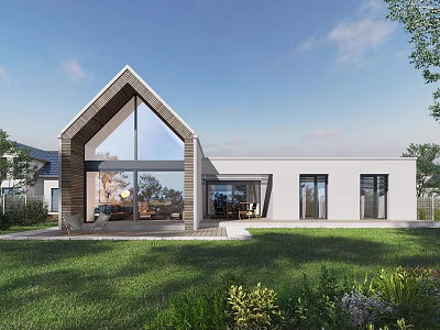 Modern Detached Villa With Gabled Roof Large Glass Windows And Green Lawn 3d model