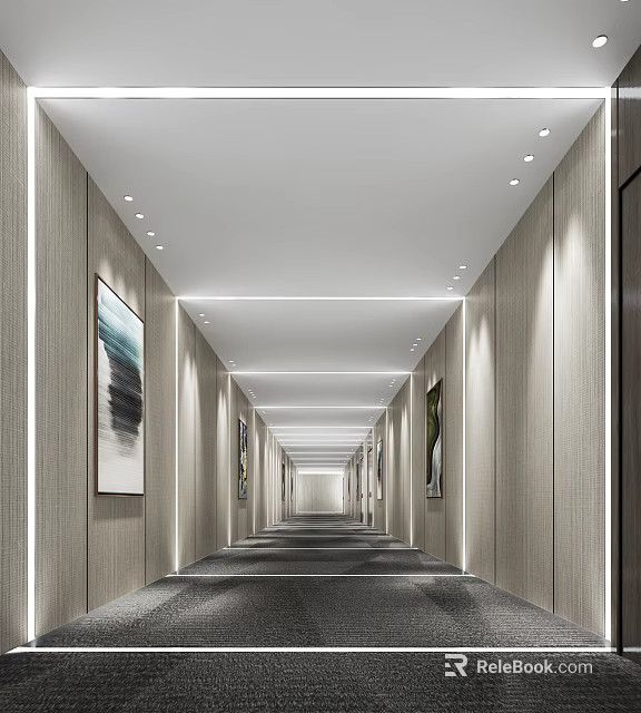 Long Modern Elevator Hallway With Light Wall Panels Framed Artworks And Recessed Ceiling Lights 3d model