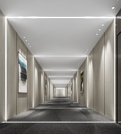 Long Modern Elevator Hallway With Light Wall Panels Framed Artworks And Recessed Ceiling Lights 3d model