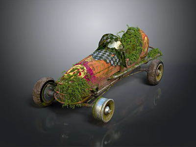 Vintage Race Car Covered With Green Plants And Colorful Body Graphics 3d model