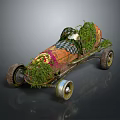 Vintage Race Car Covered With Green Plants And Colorful Body Graphics