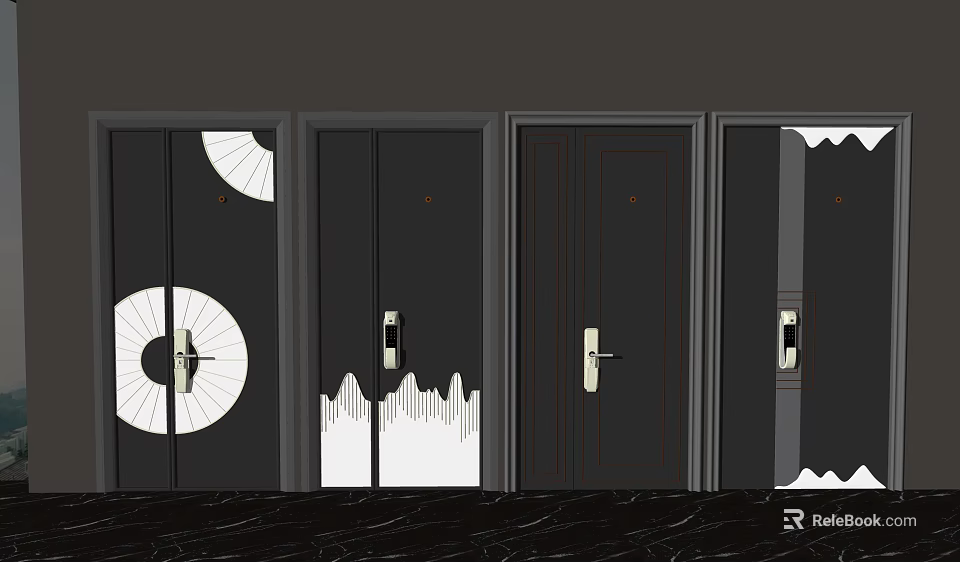 Modern Security Doors With Decorative Patterns Black Finish And Metal Handles 3d model
