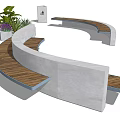 Curved Concrete And Wooden Landscape Seating With Surrounding Plants And Sign