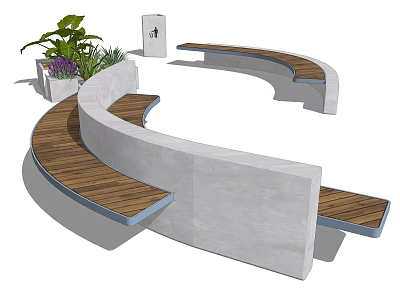 Curved Concrete And Wooden Landscape Seating With Surrounding Plants And Sign 3d model
