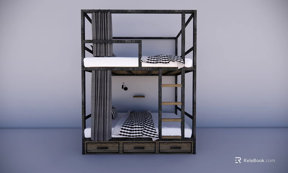 Bunk Bed With Metal Frame Black White Checkered Sheets Ladder And Storage Drawers 3d model 