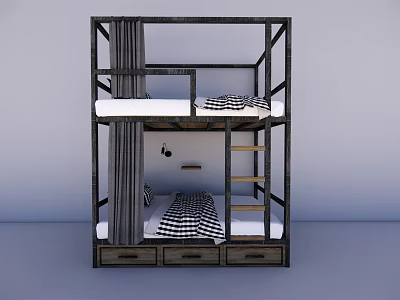 Bunk Bed With Metal Frame Black White Checkered Sheets Ladder And Storage Drawers 3d model
