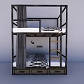 Bunk Bed With Metal Frame Black White Checkered Sheets Ladder And Storage Drawers
