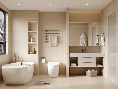 Modern Bathroom Interior With Free Standing Bathtub Toilet Vanity Mirror And Beige Tiles 3d model