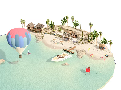 Tropical Waterfront Landscape With Palm Trees Beach Hot Air Balloon And Yacht Cabins 3d model