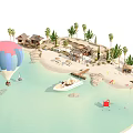 Tropical Waterfront Landscape With Palm Trees Beach Hot Air Balloon And Yacht Cabins