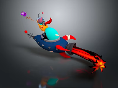 Cartoon Bird In Red Headscarf On Blue Rocket With Red Flames Purple Star Yellow Particles 3d model