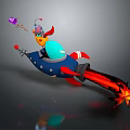 Cartoon Bird In Red Headscarf On Blue Rocket With Red Flames Purple Star Yellow Particles