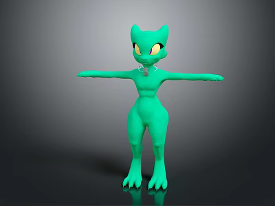 Green Humanoid Game And Movie Character With Cat Ears Yellow Eyes And Outstretched Arms 3d model