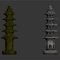 Traditional Chinese Pagoda Architecture With Two Moss Covered And Gray Stone Multi Layered Eaves Structures