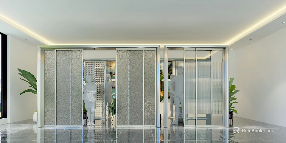 Modern Sliding Glass Doors in Contemporary Interior with Reflective Floor and Green Plants 3d model 