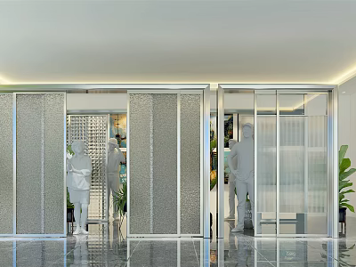Modern Sliding Glass Doors in Contemporary Interior with Reflective Floor and Green Plants 3d model