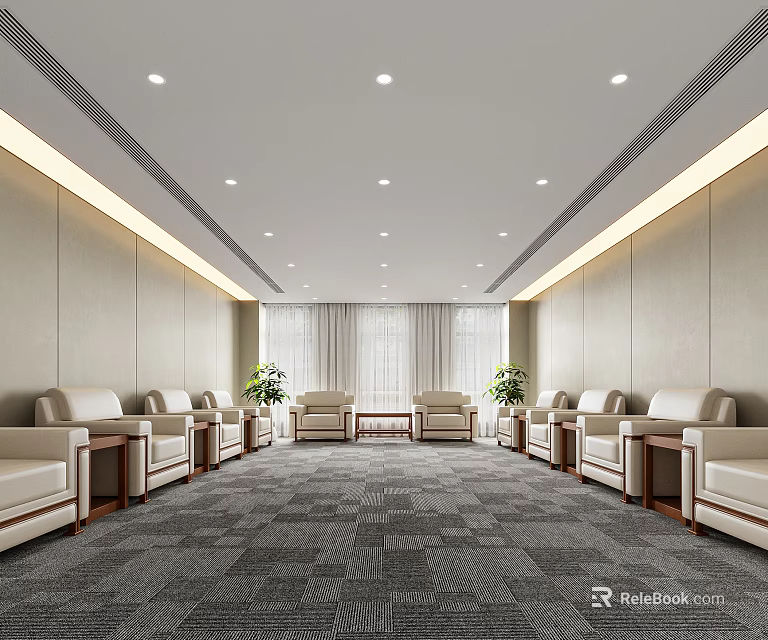 Hotel Public Lounge Interior With Comfortable Beige Sofas Decorative Plants And Modern Lighting 3d model