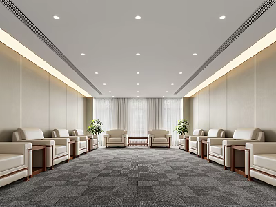 Hotel Public Lounge Interior With Comfortable Beige Sofas Decorative Plants And Modern Lighting 3d model